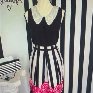 Black and White Striped Dress with Pink Floral Hem